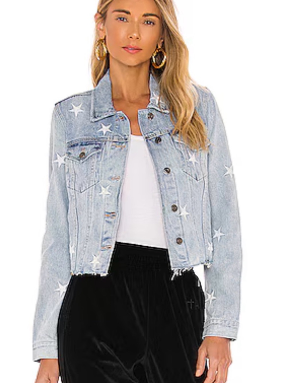 pistola Light Blue Star-Print Cropped Denim Jacket